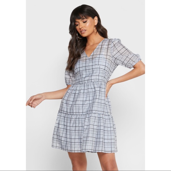 VERO MODA NWT Blue Windowpane Plaid Tiered Checkered Checked Surplice Dress - Picture 4 of 10